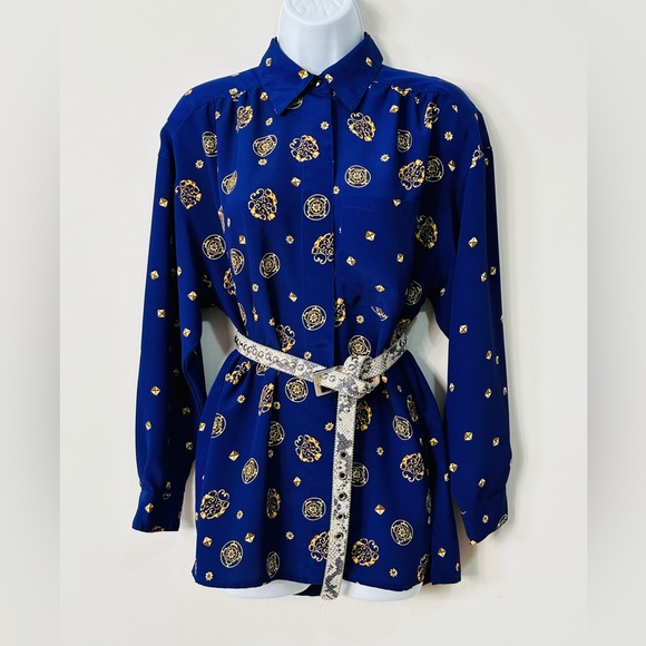 Vintage Chaus Purple & Gold Diamond and Emblem Print Button Down Blouse Size 6 - Picture 8 of 8